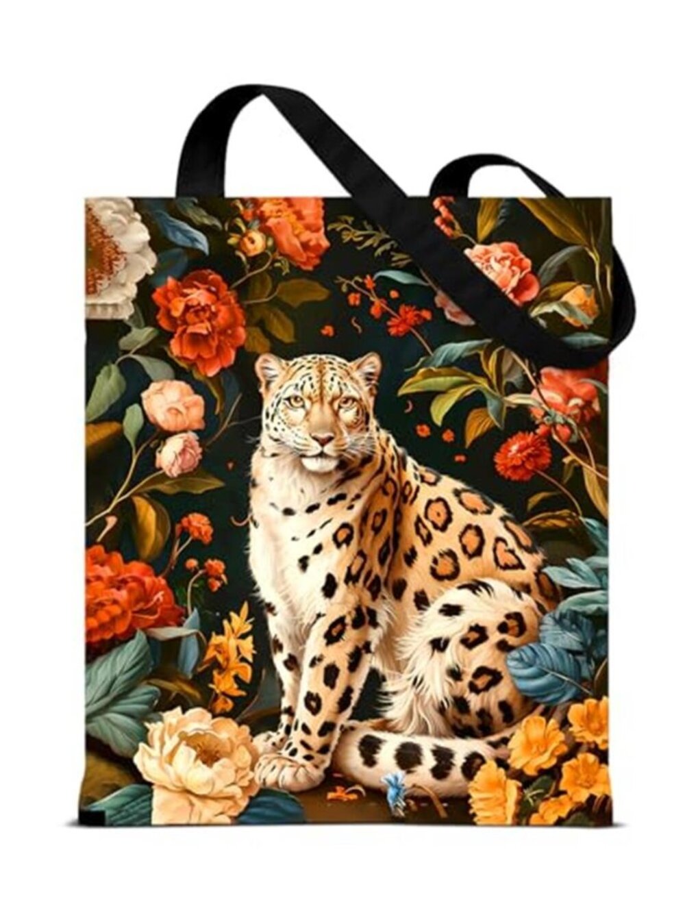Vintage Floral Leopard Canvas Tote Bag for Women Black Reusable Shoulder Bag